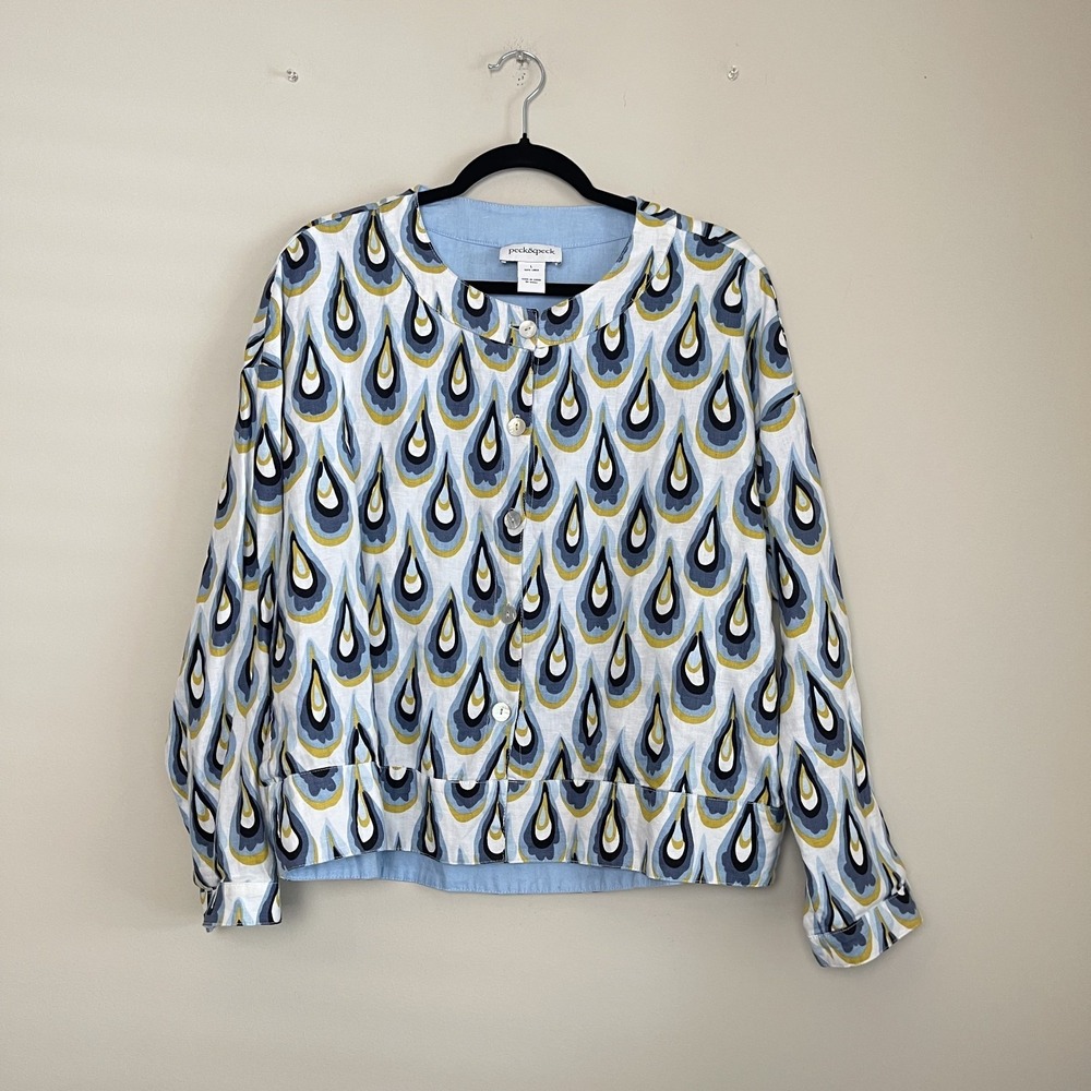 Peck & Peck Linen Reversible Button Down Jacket Peacock Teardrop Blazer Sz L